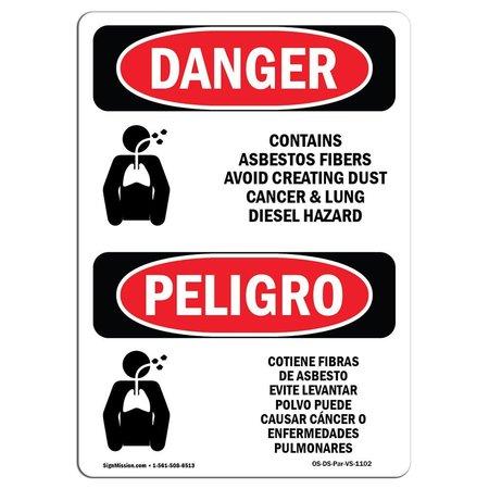 SIGNMISSION Safety Sign, OSHA Danger, 18" Height, Aluminum, Contains Asbestos Fibers Spanish OS-DS-A-1218-VS-1102